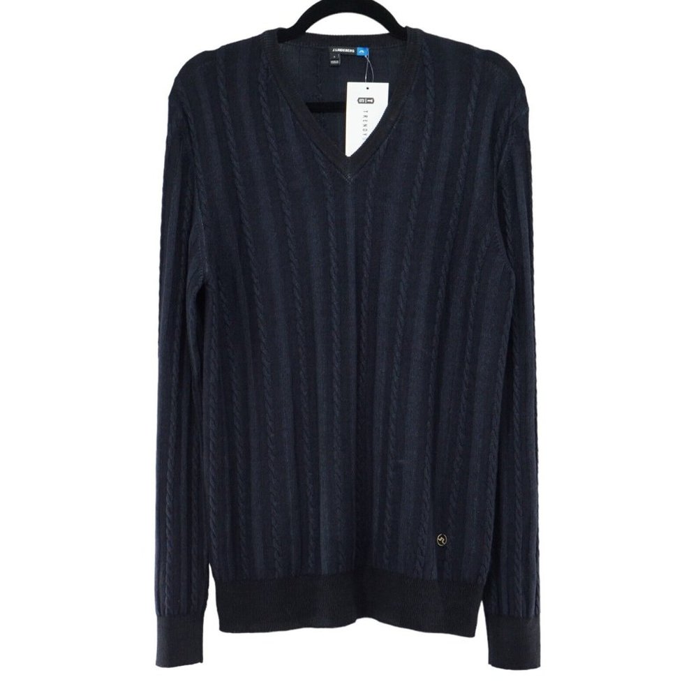 NWT New J Lindeberg Men Merino Wool V Neck Cable Knit Golf Sweater Pullover Sz L